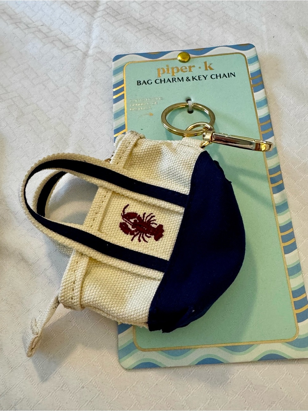 Piper K Navy & Cream Canvas Bag Charm Key Chain with Lobster Motif and Zipper